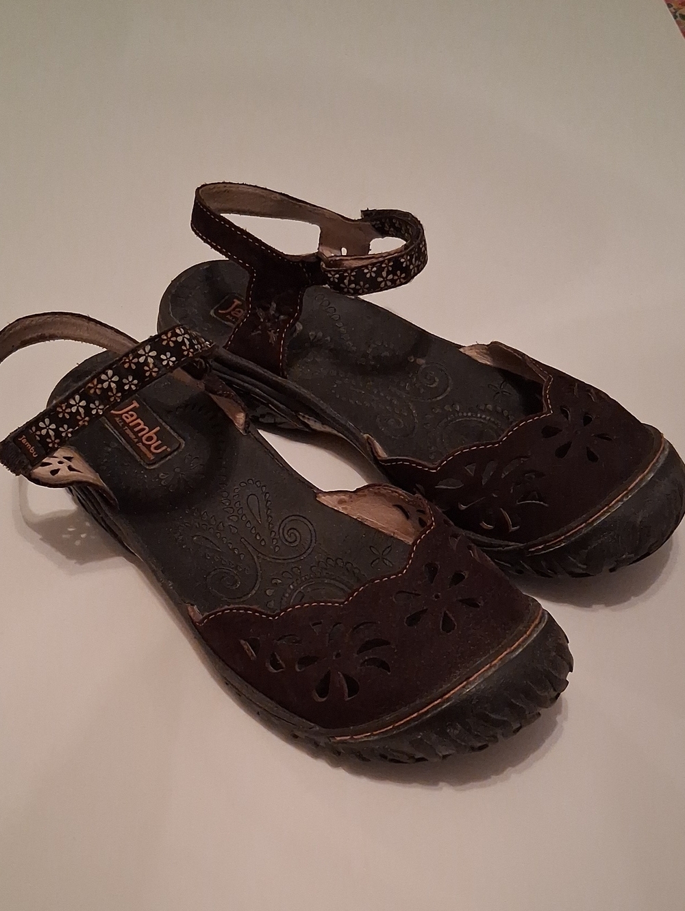 Jambu Women’s Dark Brown Floral Cutout Suede Shoes with Ankle Strap